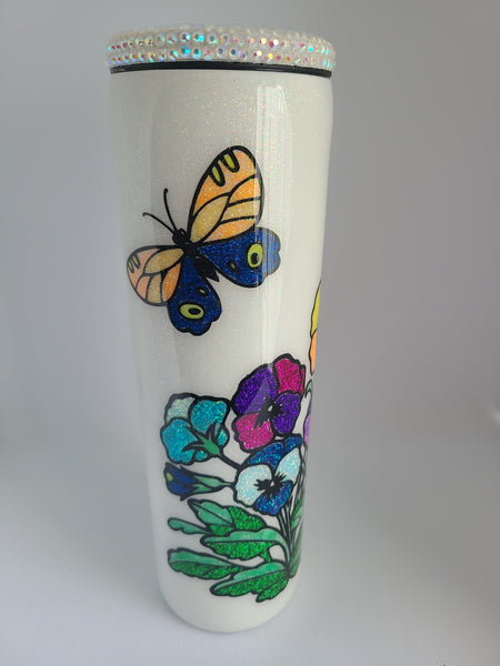 "Every Flower Blooms In Its Own Time" Hand Painted Sparkly Tumbler