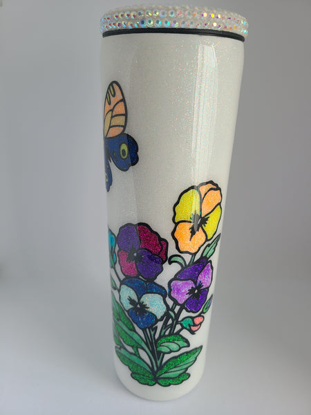 "Every Flower Blooms In Its Own Time" Hand Painted Sparkly Tumbler